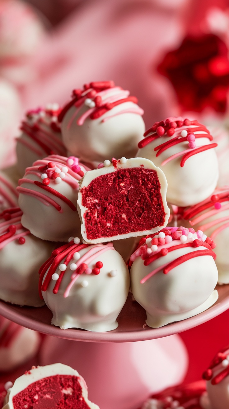 Delicious red velvet truffles coated in white chocolate with festive sprinkles, displayed on a plate.